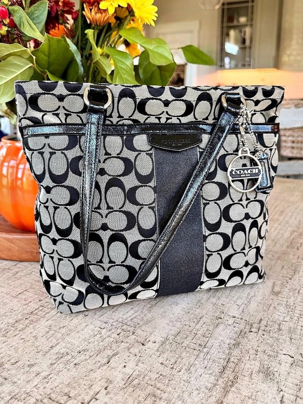 Coach Signature Canvas and Patent Leather Tote Bag
